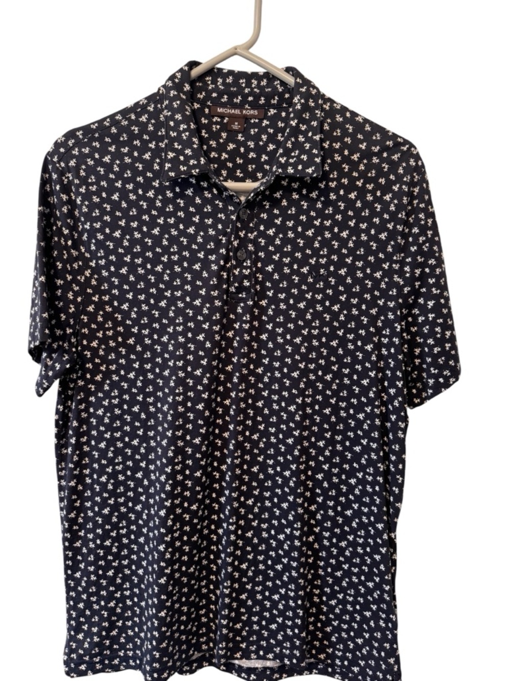 Michael Kors Short Sleeve Navy Printed Polo Shirt White Floral Print Sz Medium